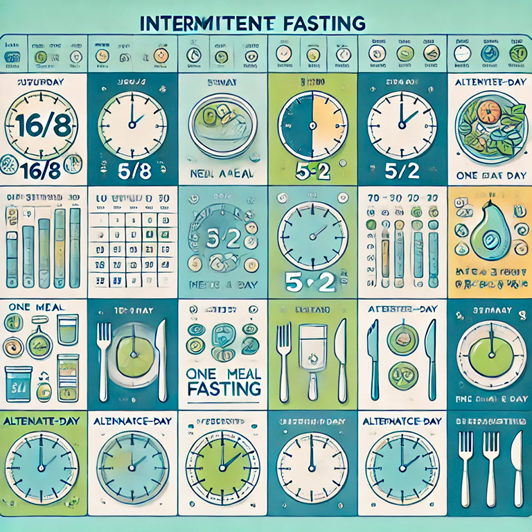 image qui présente de manière visuelle et éducative les différents modèles de jeûne intermittent (16/8, 5:2, OMAD, et jeûne alterné)